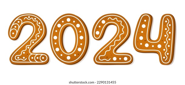 2024 text in gingerbread cookies style. New Year, sweet, dessert or winter holiday theme. Vector illustration on white background. 