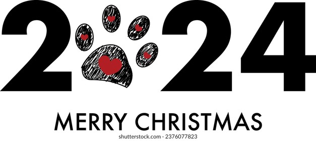 2024 text red paw prints. Christmas greeting card