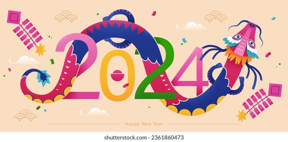 2024 title tangled by colorful traditional Chinese dragon on beige background. Decorative CNY banner with firecrackers, confetti, gold ingots and oriental clouds.