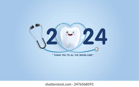 2024 with tooth happy new year logo trend design. tooth healthy sparkling white. can be used in children dentist clinic. medical health and dentistry concept. vector design.