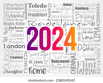 2024 travel cities word cloud collage, trip destinations concept background