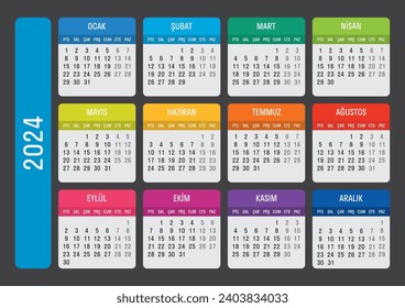 2024 turkish calendar. Printable colorful decorative turkish calendar.