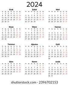 2024 turkish calendar. Printable, editable vector illustration for Turkey. 12 months year takvim. Portrait