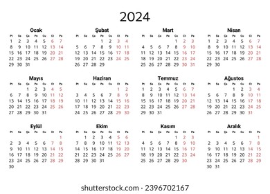 2024 turkish calendar. Printable, editable vector illustration for Turkey. 12 months year takvim. Landscape