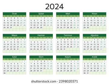 2024 turkish calendar. Printable, editable vector illustration for Turkey. 12 months year takvim. Landscape