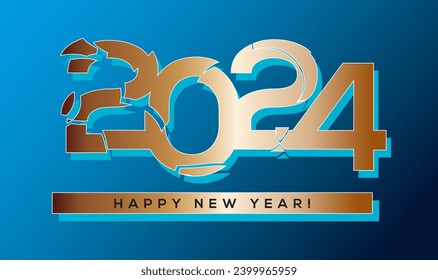 Concepto de diseño de logotipo tipográfico 2024. Feliz diseño del logo del año nuevo 2024. Estilo fracturado con colores dorados y azules.