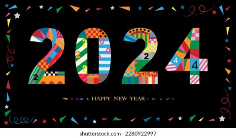 2024 Typography text font in colourful of geometric style on black background, Creative deco design for Greeting Lettering.New year 2024 Year of the Dragon for flyers, posters, banners and calendar, 