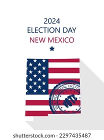 2024 United States of America Presidential Election New Mexico vector template.  USA flag, vote stamp and New Mexico silhouette