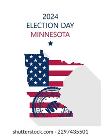 2024 United States of America Presidential Election Minnesota vector template.  USA flag, vote stamp and Minnesota silhouette