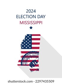 2024 United States of America Presidential Election Mississippi vector template.  USA flag, vote stamp and Mississippi silhouette