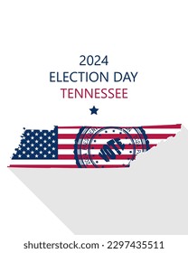 2024 Elección presidencial de los Estados Unidos de América Tennessee plantilla vectorial.  Bandera de Estados Unidos, sello de votación y silueta de Tennessee