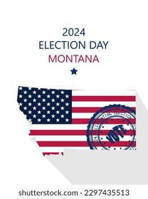 2024 United States of America Presidential Election Montana vector template.  USA flag, vote stamp and Montana silhouette