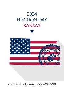 2024 United States of America Presidential Election Kansas vector template.  USA flag, vote stamp and Kansas silhouette