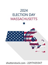 Plantilla vectorial de las elecciones presidenciales de los Estados Unidos de América 2024 en Massachusetts.  Bandera de Estados Unidos, sello de votación y silueta de Massachusetts