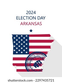 2024 United States of America Presidential Election Arkansas vector template.  USA flag, vote stamp and Arkansas silhouette