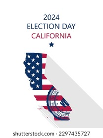 2024 United States of America Presidential Election California vector template.  USA flag, vote stamp and California silhouette