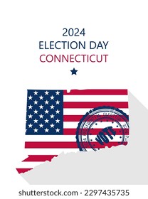 2024 United States of America Presidential Election Connecticut vector template.  USA flag, vote stamp and Connecticut silhouette