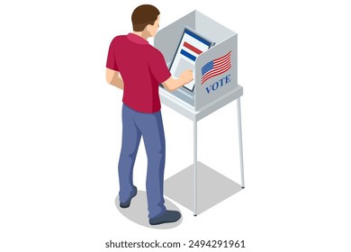 2024 United States of America Presidential Election banner. A young man, a citizen of the United States, is casting her vote by placing a paper into a ballot box at a polling station. Polling Place.