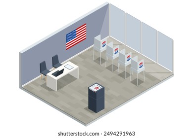 Anuncio de las Elecciones Presidenciales de los Estados Unidos de América de 2024. Centro de votación vacío con cabinas de votación con una bandera estadounidense votando en las elecciones presidenciales de 2024. Republicanos, demócratas