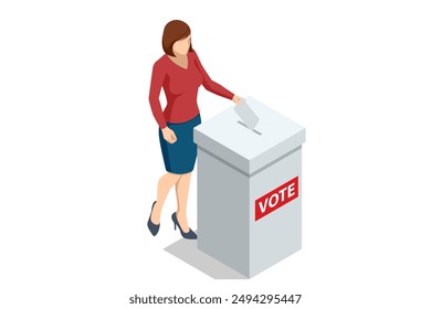 2024 United States of America Presidential Election banner. A young woman, a citizen of the United States, is casting her vote by placing a paper into a ballot box at a polling station.