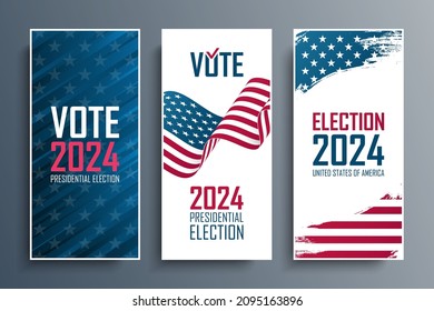 2024 United States Presidential Election Flyers Set. USA President Elections Vote templates collection. Vector Illustration.