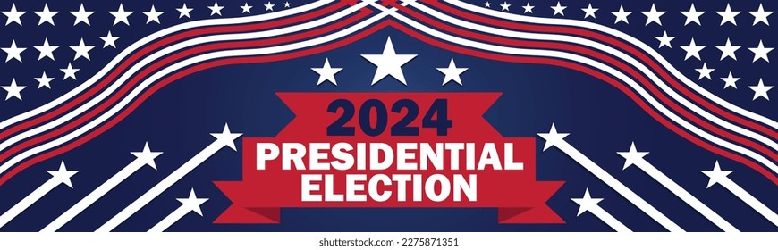 2024 United States presidential election horizontal banner design background with United States flag theme elements such as red and white stripes, stars and blue background and typography.