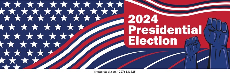 2024 United States presidential election horizontal banner design background with United States flag theme elements such as red and white stripes, stars and blue background and typography.