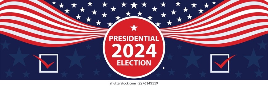 2024 United States presidential election horizontal banner design background with United States flag theme elements such as red and white stripes, stars and blue background and typography.