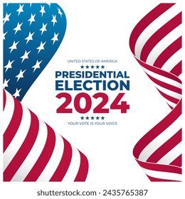 2024 United States Presidential Elections. US President Election Day background with waving American Flag. Vector Illustration.