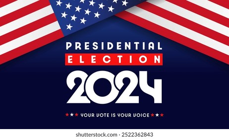 2024 US Presidential Election banner template with flags. Your vote is your voice, creative poster design. Vector illustration for elections in USA