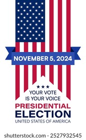 Cartaz da eleição presidencial dos EUA de 2024 com data de votação e ilustração vetorial do projeto da bandeira americana