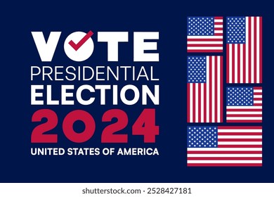 Afiche de las elecciones presidenciales de Estados Unidos de 2024 con múltiples banderas estadounidenses y marca de verificación de votación