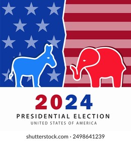 Afiche de las elecciones presidenciales de Estados Unidos de 2024 con los símbolos del partido Republicano y Demócrata: un elefante rojo y un burro azul, sobre un fondo de la bandera estadounidense.