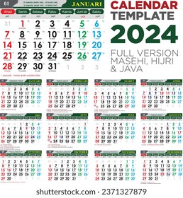 Plantilla de calendario vectorial 2024 completa con calendarios islámicos y javaneses como soporte