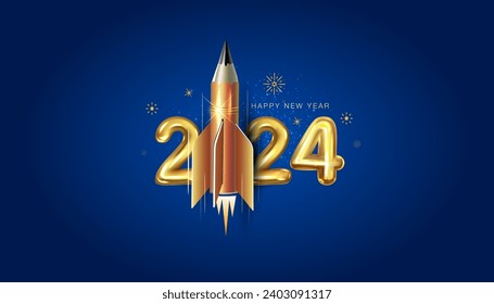 2024 Vector Creative concept for education, technology and science. 3d Pencil rocket with Happy new year 2024 number.