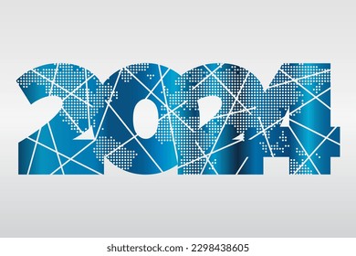 2024 vector icon with lines and world map contour. Element for business, web design, infographic, media, report, new year decoration. Blue gradient illustration