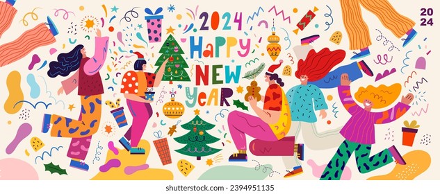 2024 vector illustration. New Year holiday decorative banner. People celebrate the New Year
