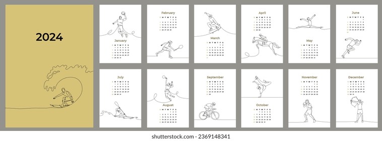 2024 vertical calendar design template. Sports, types of sports. The week starts on Sunday. 12 month planner template. Vector outline illustration