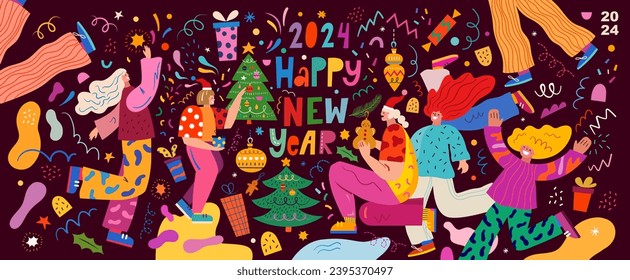 2024 vision. 2024 vector illustration with funny people characters. New Year holiday decorative banner. People celebrate the New Year. New Year holiday background