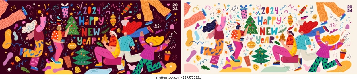 2024 vision. 2024 vector illustration with funny people characters. New Year holiday decorative banner. People celebrate the New Year. New Year holiday background