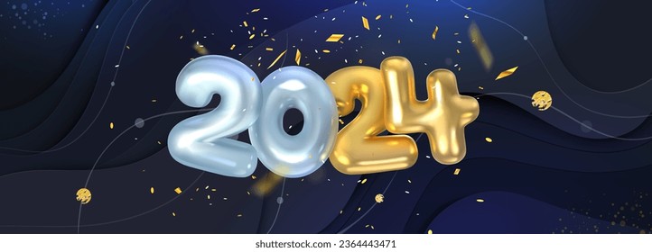 2024 volumetric metal numbers. Silver and gold balloons, Happy New Year greetings on a dark blue background. In realistic 3D style. Vector illustration