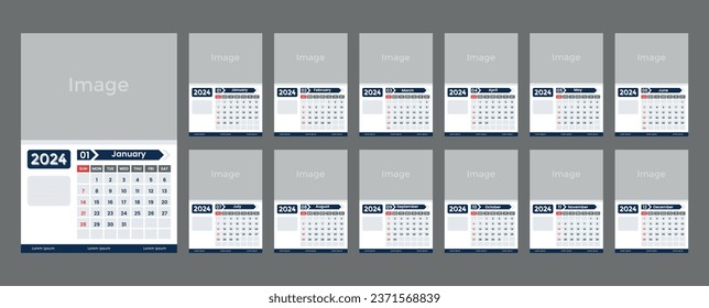 2024 wall calendar design in blue and white color, week starts on sunday