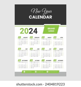 2024 Wall Calendar Design, Wall Calender Design Template 2024, Simple, Clean, light green All In One. Free Vector.