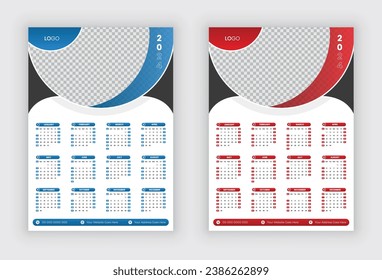 2024 wall calendar design. Modern abstract 2024 one page wall calendar template