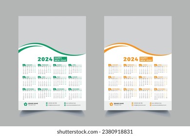 2024 wall calendar design. Print Ready one page Modern template design for 2024