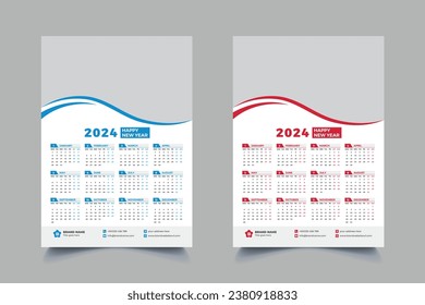 2024 wall calendar design. Print Ready one page Modern template design for 2024