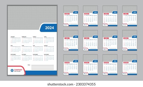 2024 Wall Calendar Design Template 11.69 in x 16.54 in with 0.25 in Bleed