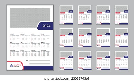 2024 Wall Calendar Design Template 11.69 in x 16.54 in with 0.25 in Bleed