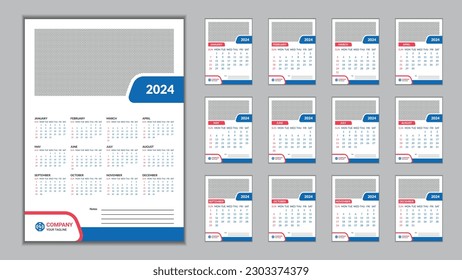 2024 Wall Calendar Design Template 11.69 in x 16.54 in with 0.25 in Bleed