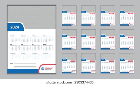 2024 Wall Calendar Design Template 11.69 in x 16.54 in with 0.25 in Bleed